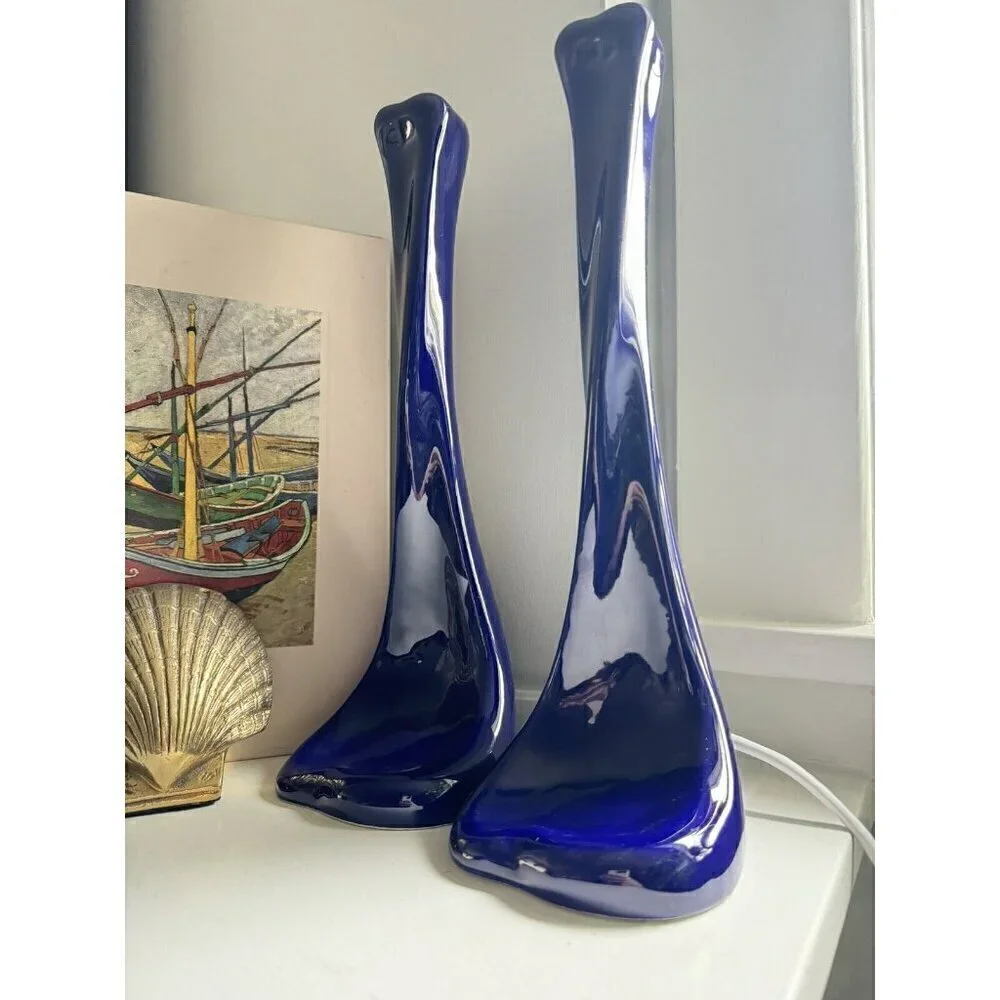 Tiffany & Co. Elsa Peretti Glazed Blue Purple Ceramic 14.5” Bone Candlesticks